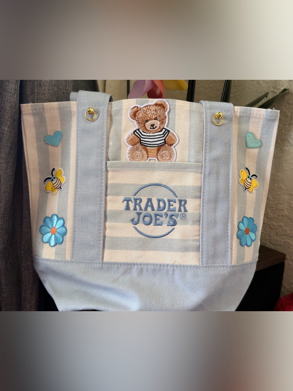 Blue & Cream Striped Tote Bag with Bear Patch